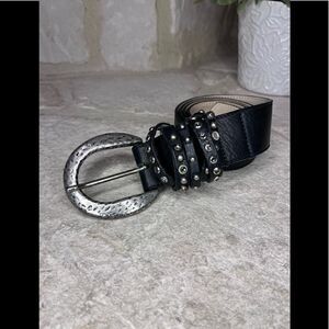 Leatherock silver hammered buckle rhinestones and stud black leather belt sz 34